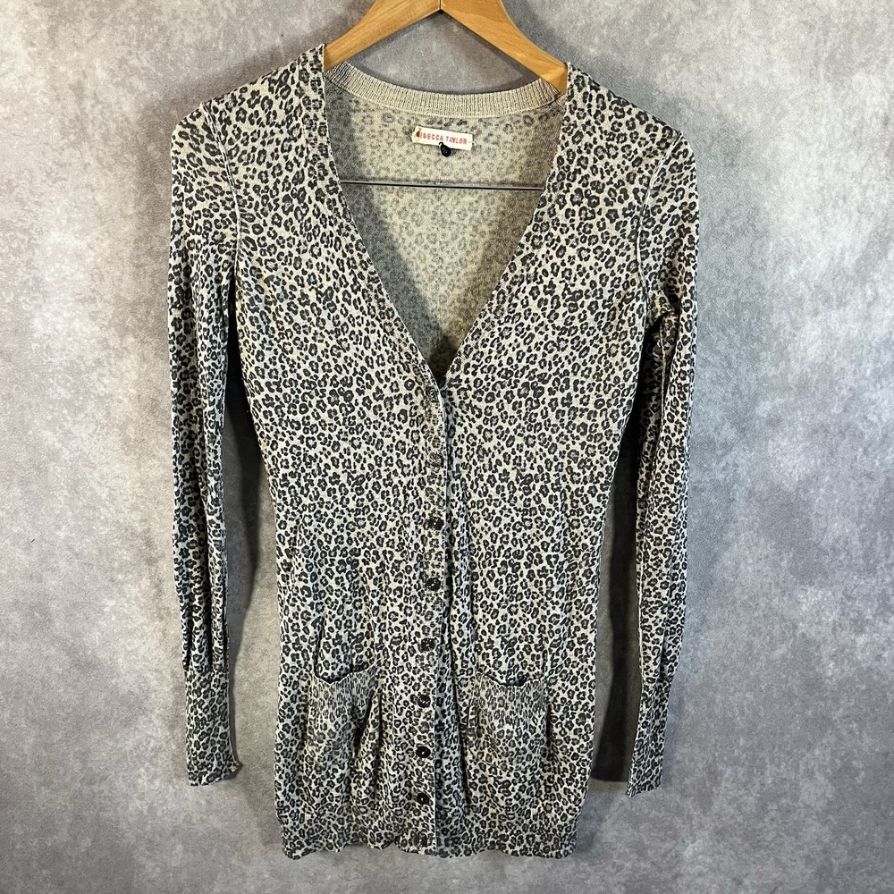 Rebecca Taylor Cardigan Women Small Grey Leopard Print Longline Button Front